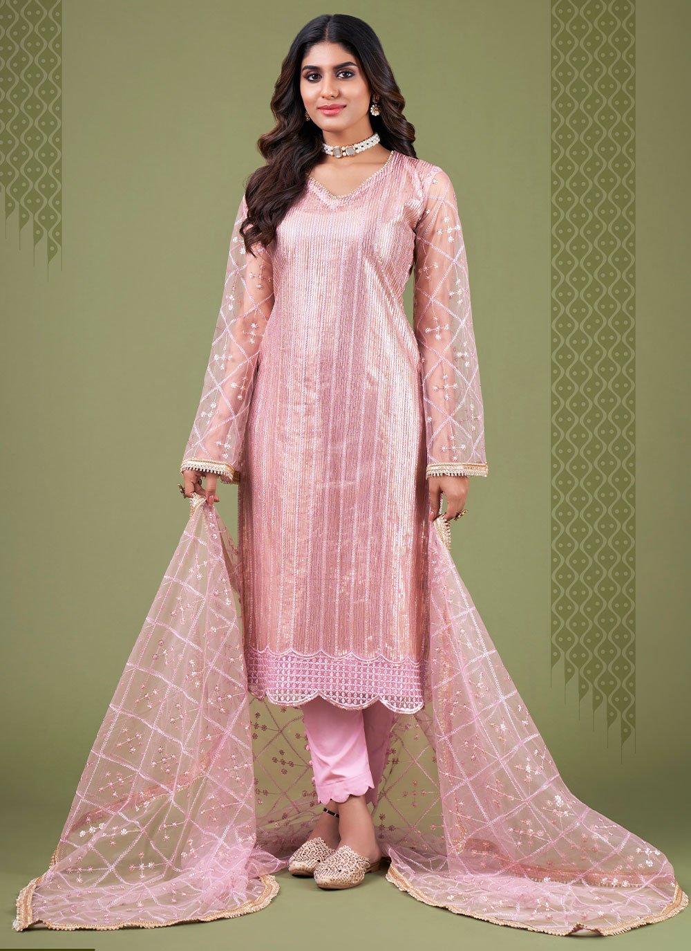 Straight Salwar Suit Net Pink Embroidered Salwar Kameez