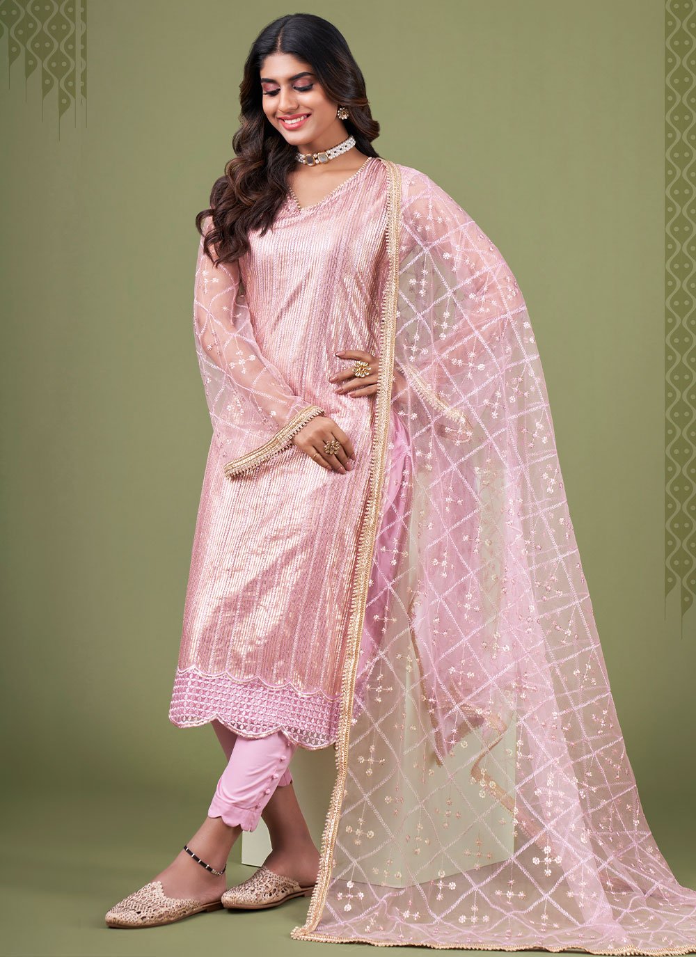 Straight Salwar Suit Net Pink Embroidered Salwar Kameez