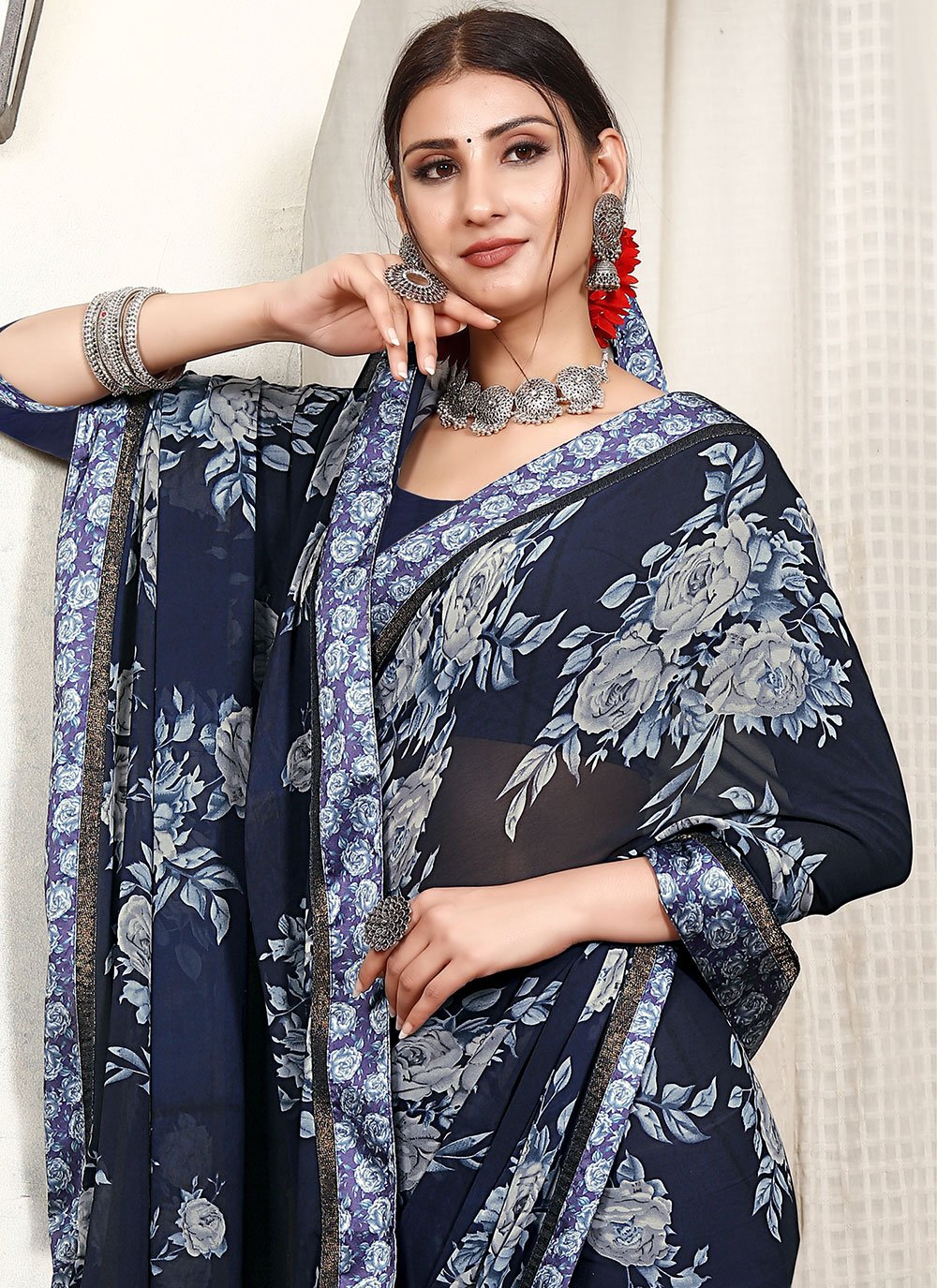 Trendy Saree Satin Blue Lace Saree