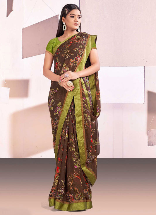 Trendy Saree Satin Brown Digital Print Saree