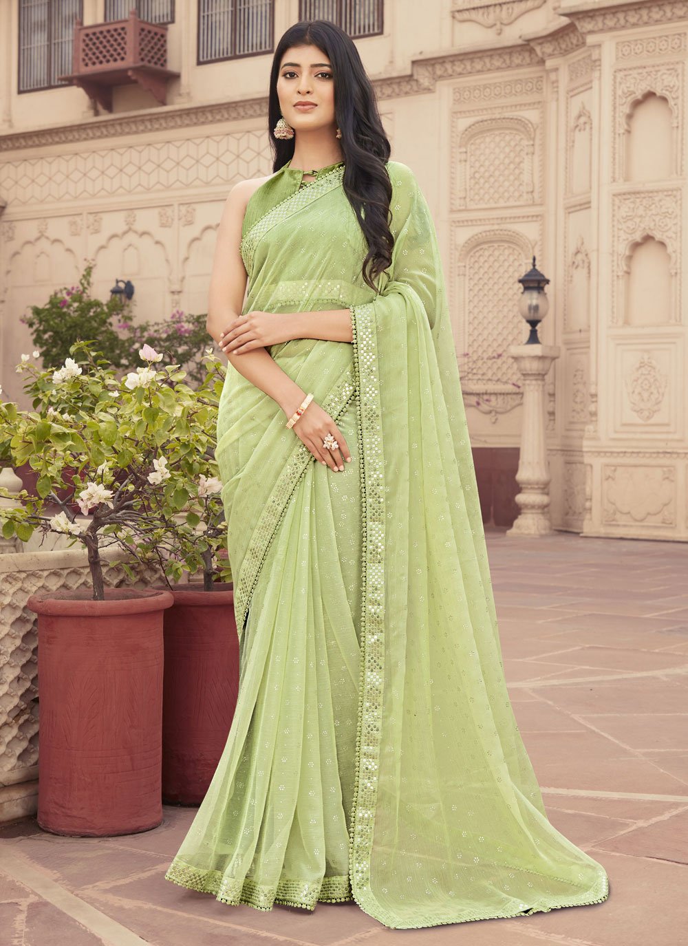 Classic Chiffon Sea Green Embroidered Saree