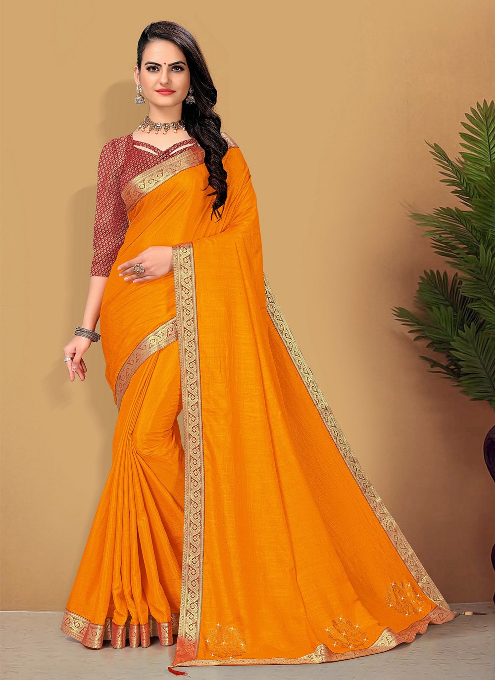 Traditional Saree Vichitra Silk Mustard Lace Saree