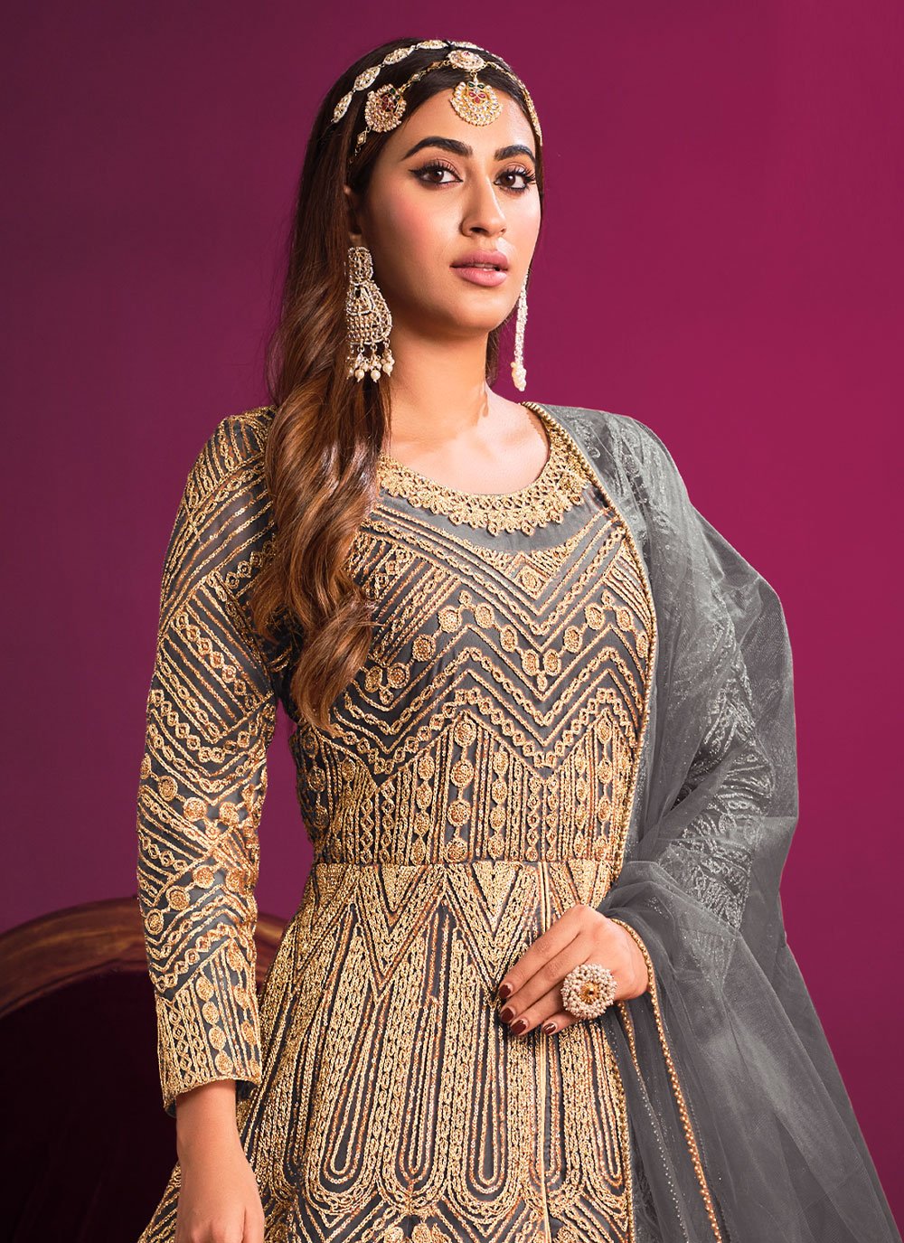 Salwar Suit Net Grey Embroidered Salwar Kameez