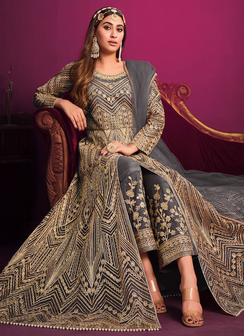 Salwar Suit Net Grey Embroidered Salwar Kameez