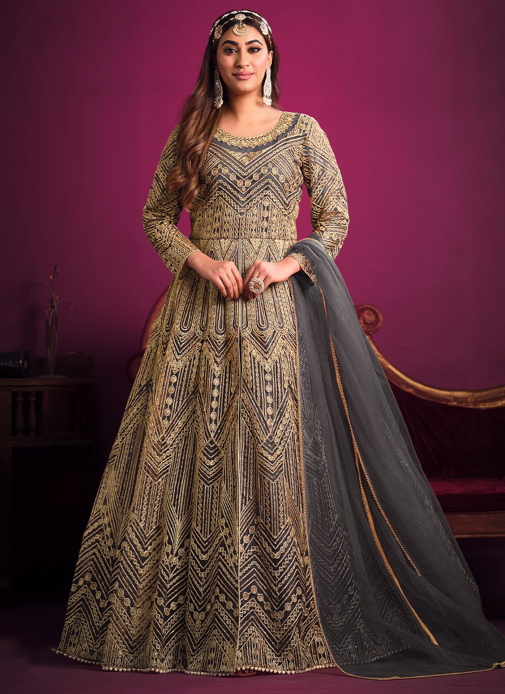 Salwar Suit Net Grey Embroidered Salwar Kameez