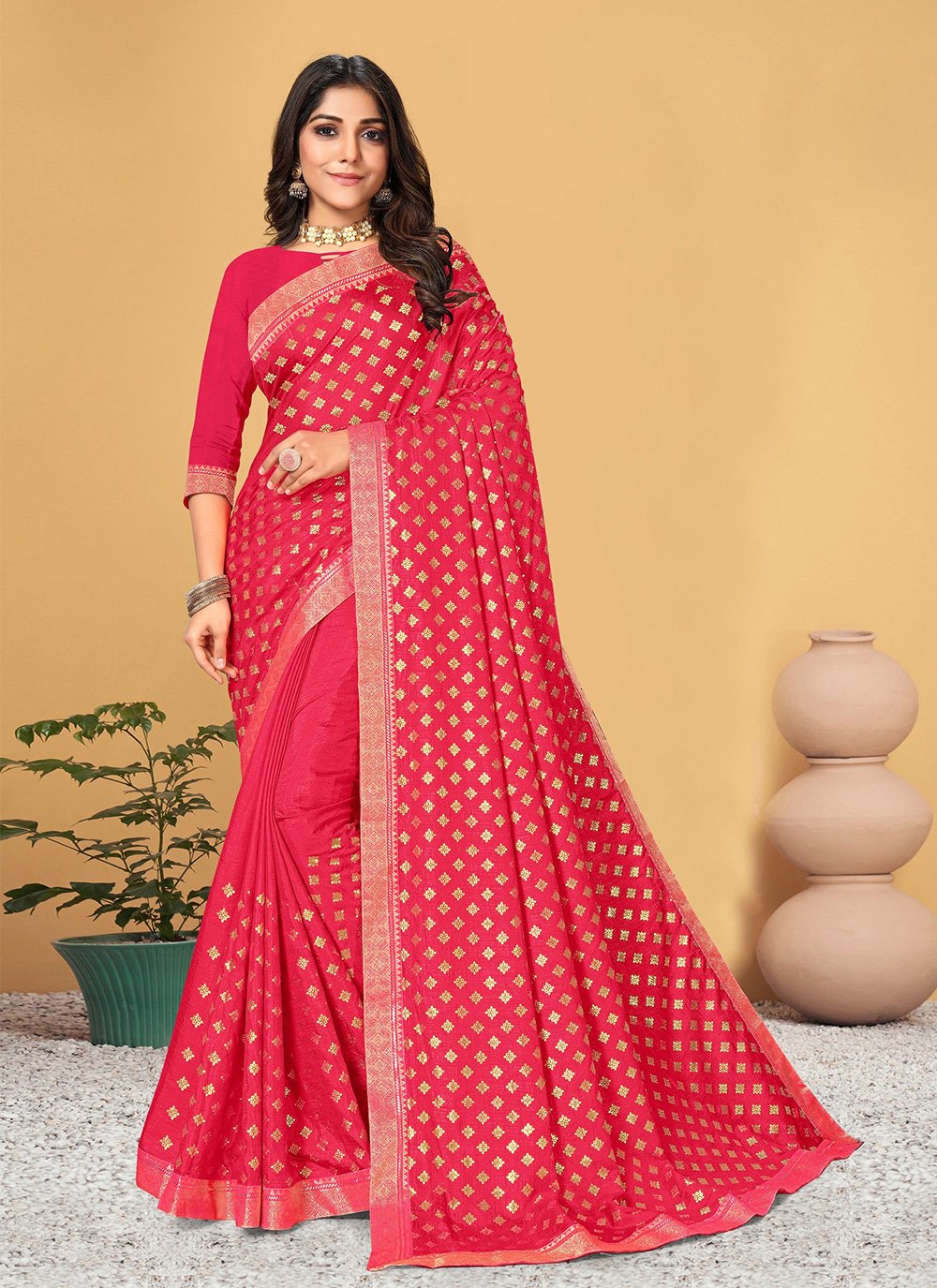 Traditional Saree Vichitra Silk Pink Lace Saree