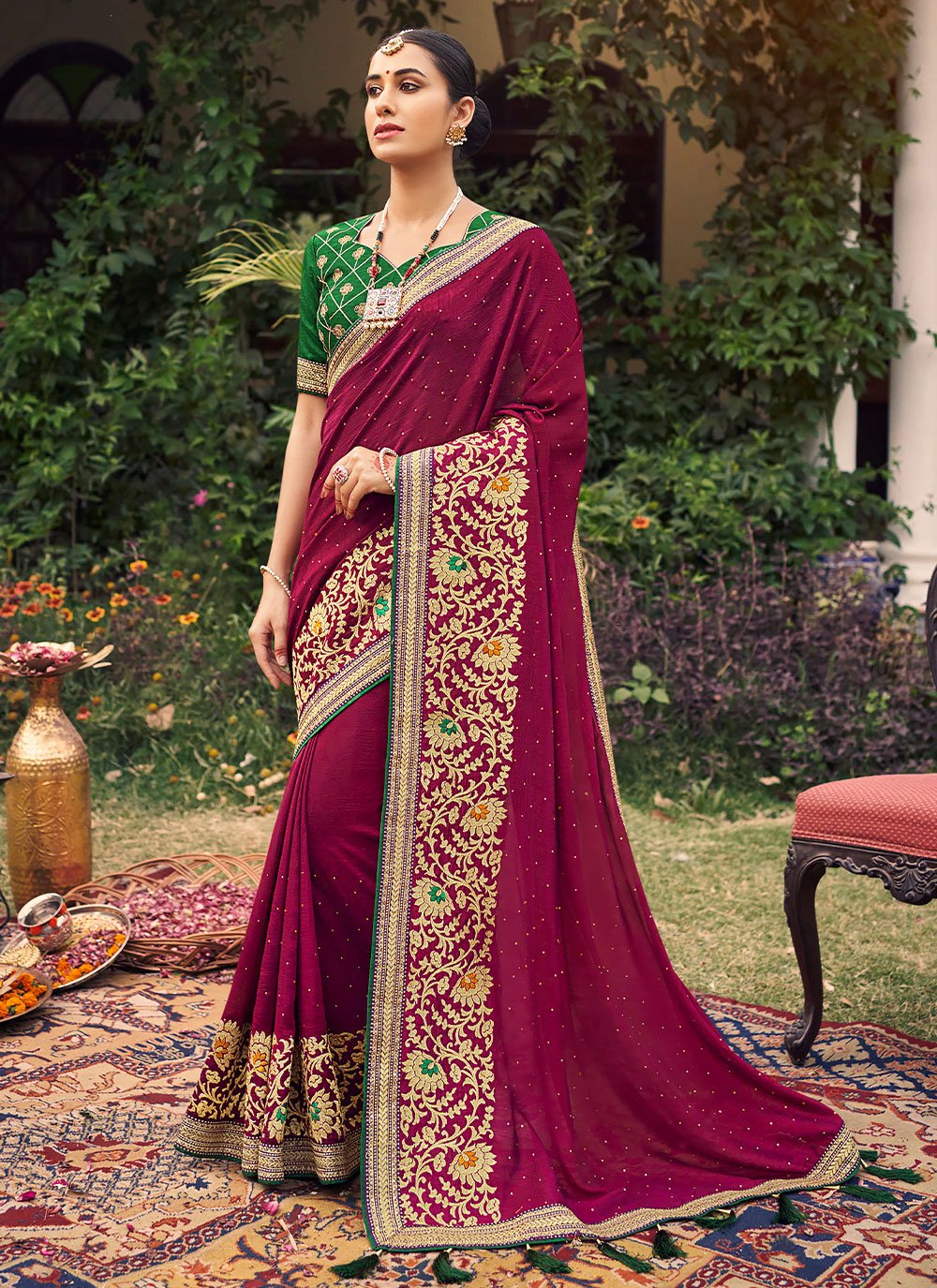 Trendy Saree Vichitra Silk Wine Embroidered Saree