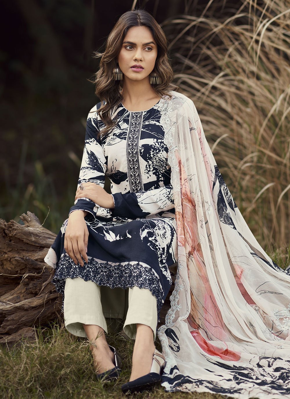 Salwar Suit Muslin Viscose Blue Cream Digital Print Salwar Kameez