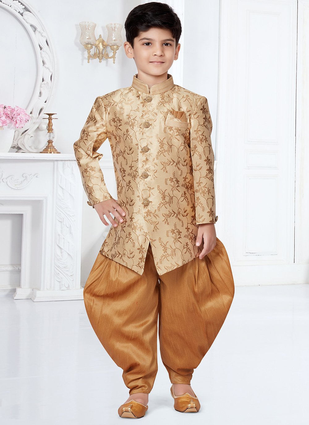 Indo Western Sherwani Jacquard Beige Lace Kids