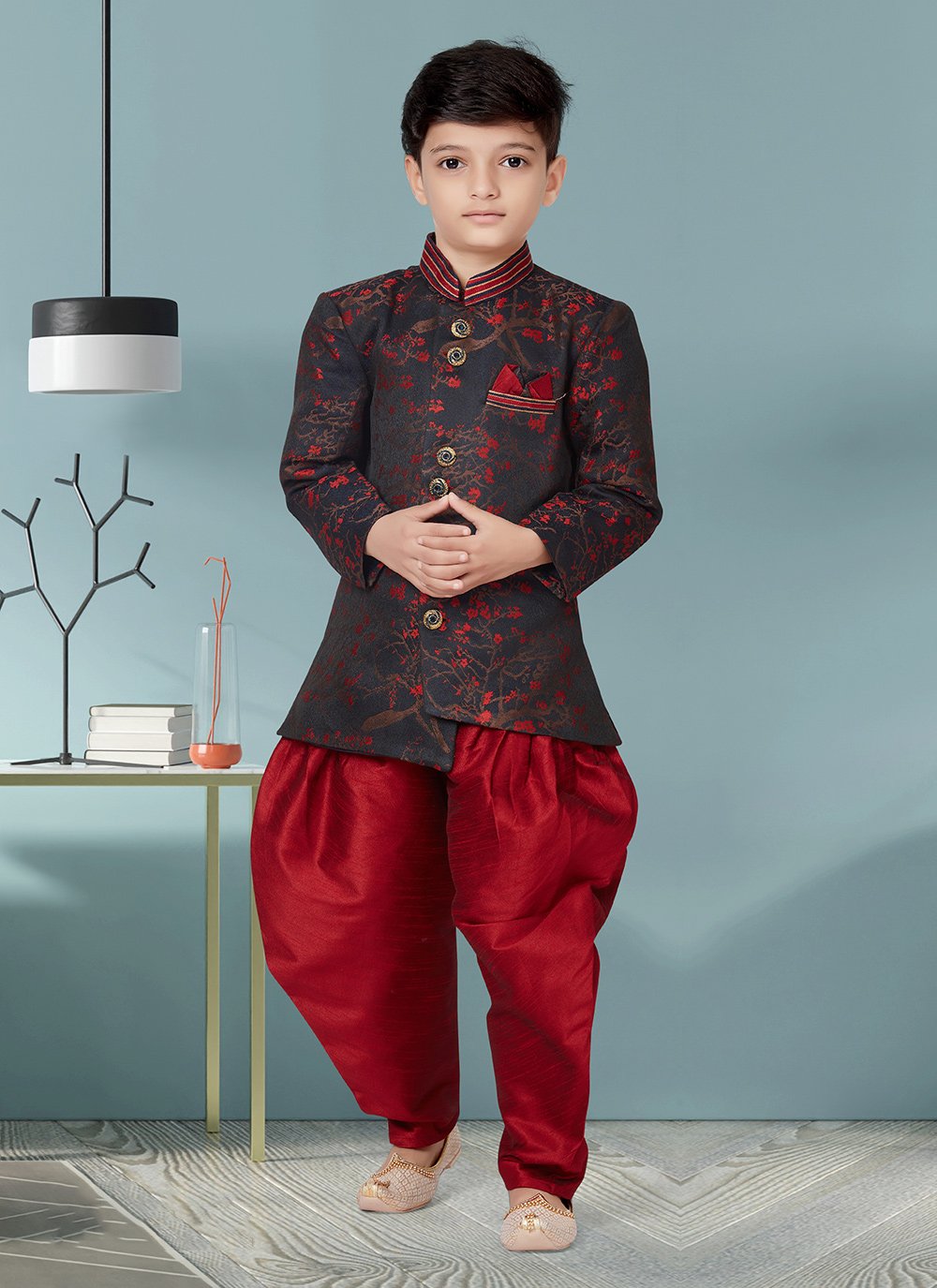 Indo Western Sherwani Jacquard Black Maroon Lace Kids