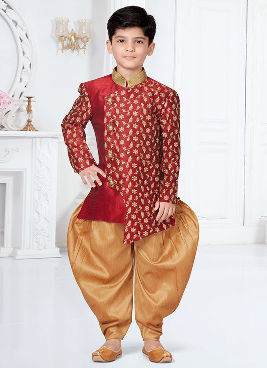 Indo Western Sherwani Dupion Silk Maroon Lace Kids