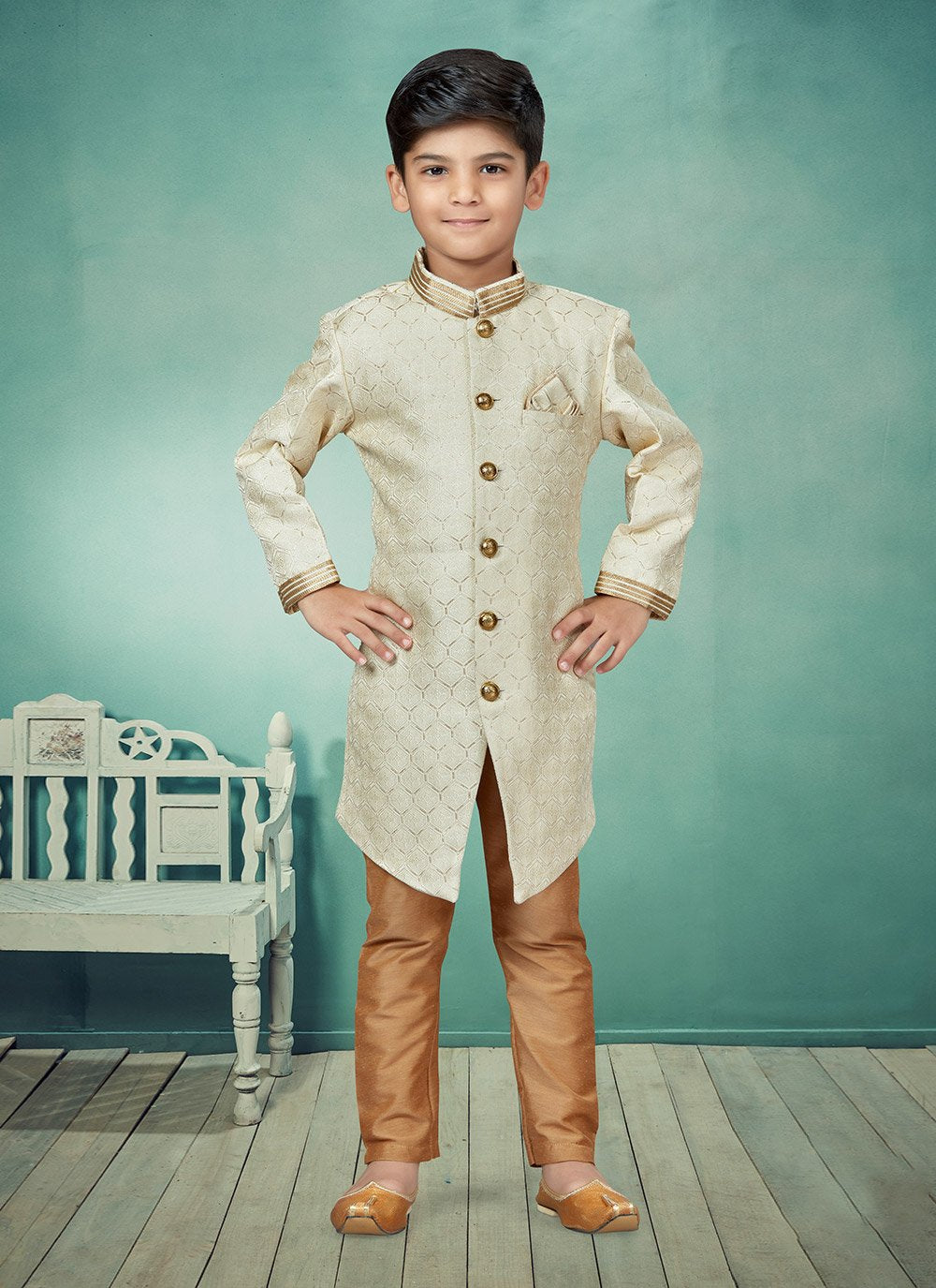 Indo Western Jacquard Cream Lace Kids