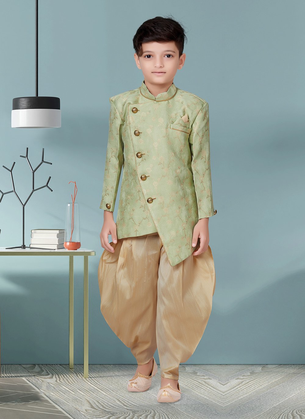 Indo Western Sherwani Jacquard Green Lace Kids