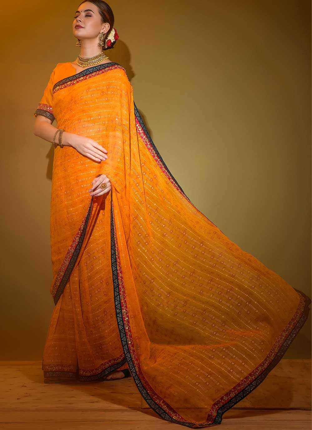 Trendy Saree Georgette Yellow Foil Print Saree