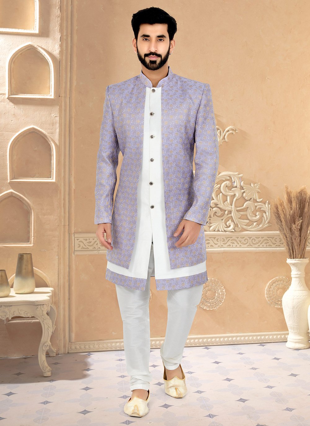 Indo Western Banarasi Silk Jacquard Silk Lavender White Embroidered Mens