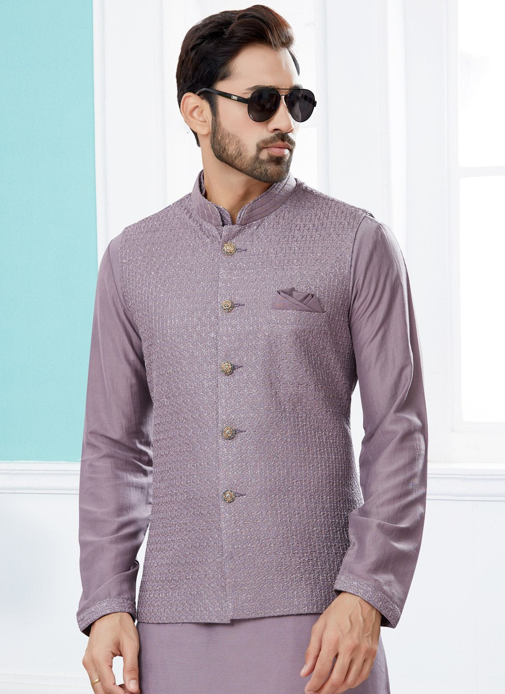 Kurta Payjama With Jacket Banarasi Silk Dupion Silk Lavender Jacquard Work Mens