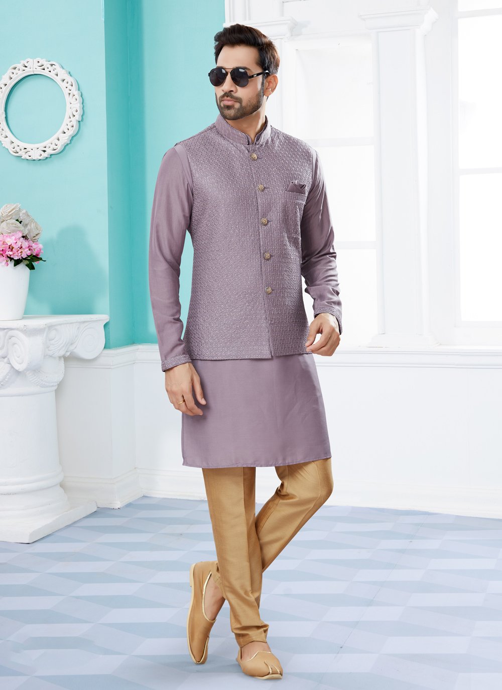 Kurta Payjama With Jacket Banarasi Silk Dupion Silk Lavender Jacquard Work Mens