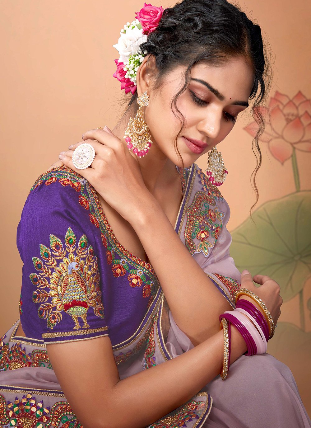 Contemporary Organza Lavender Embroidered Saree