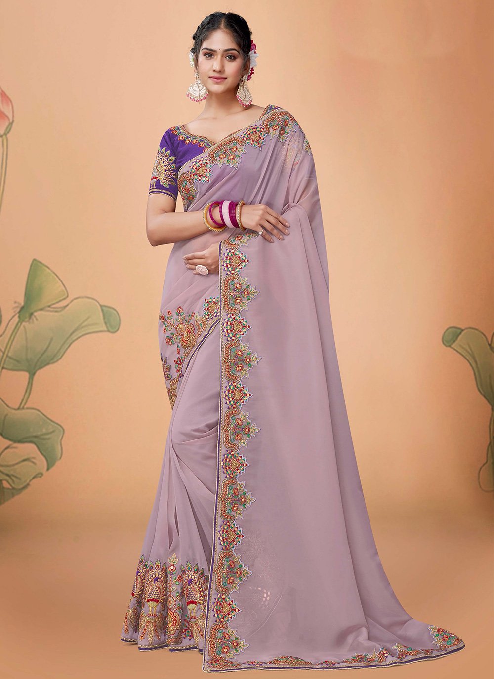 Contemporary Organza Lavender Embroidered Saree