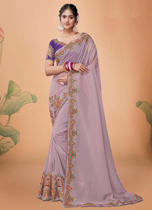 Contemporary Organza Lavender Embroidered Saree