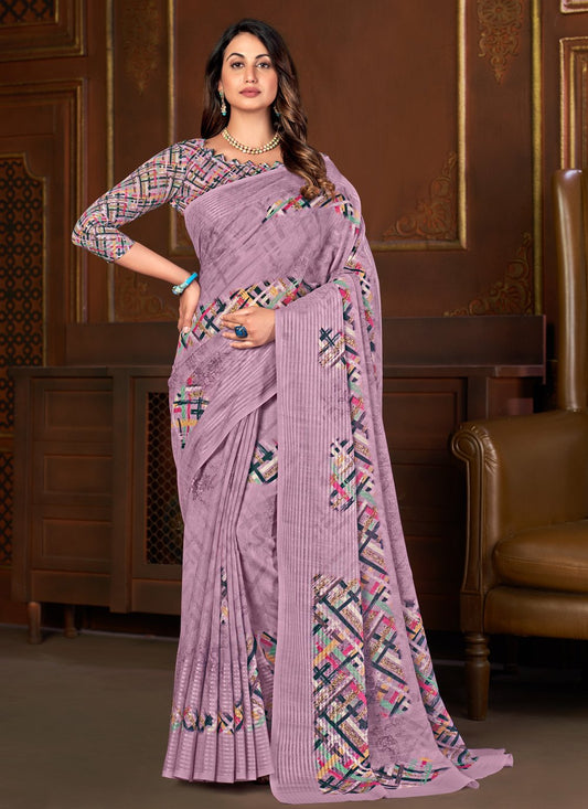 Designer Linen Lavender Floral Patch Saree