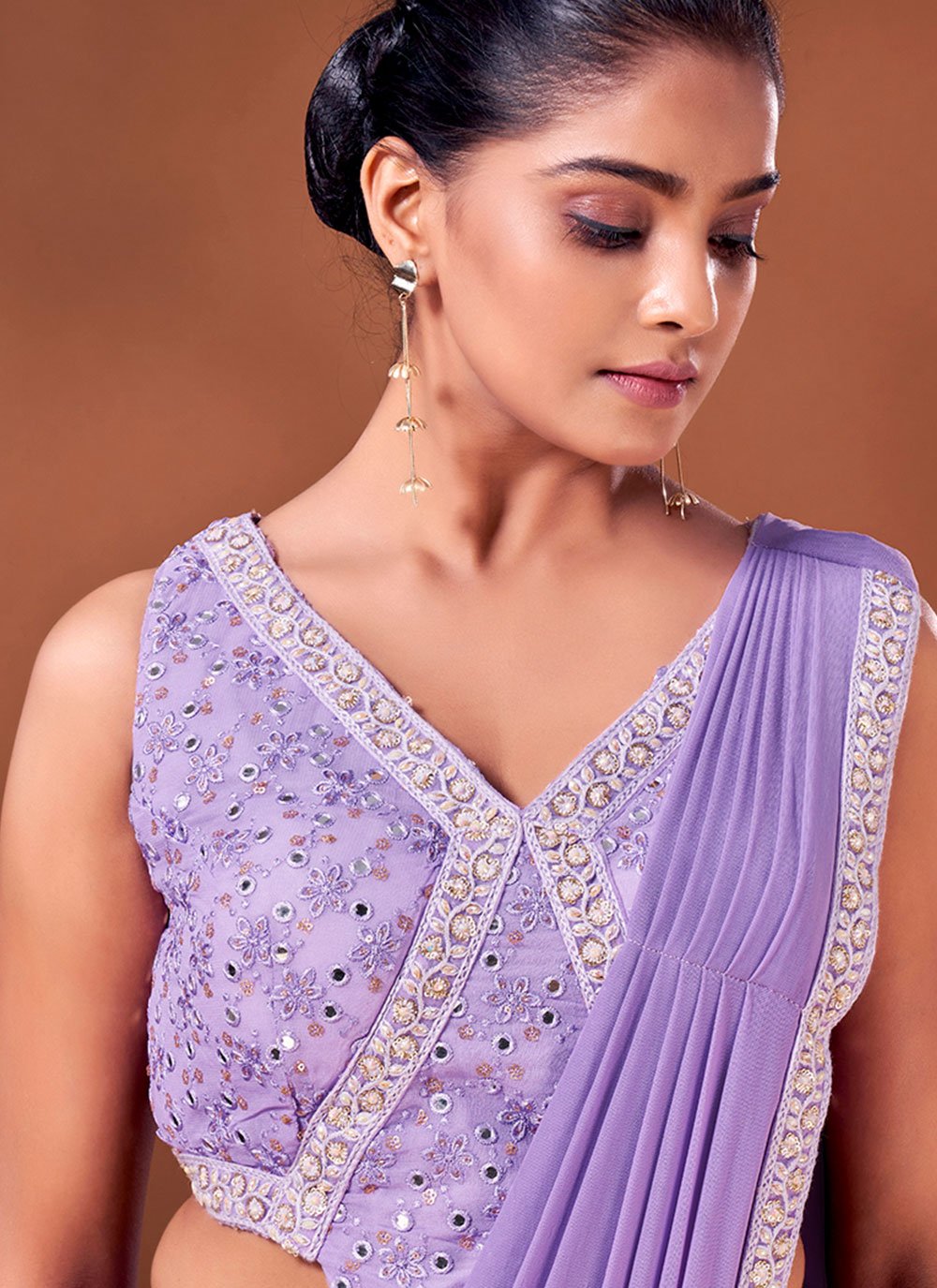 Designer Net Lavender Patch Border Saree