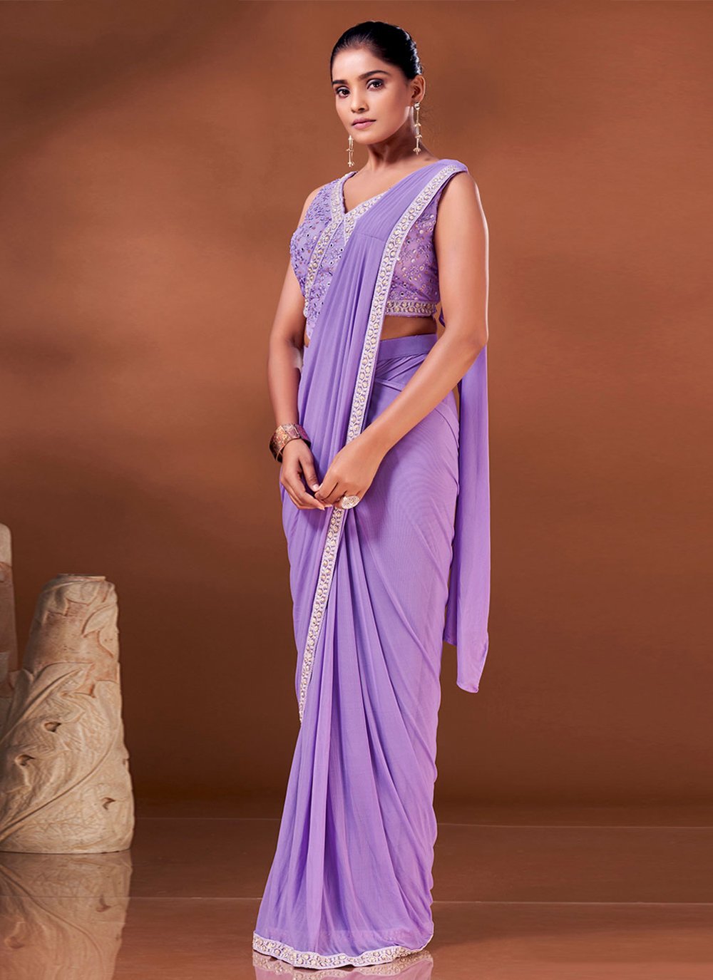 Designer Net Lavender Patch Border Saree