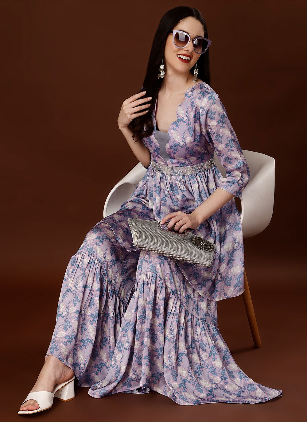 Party Wear Kurti Chiffon Satin Lavender Hand Work Kurtis