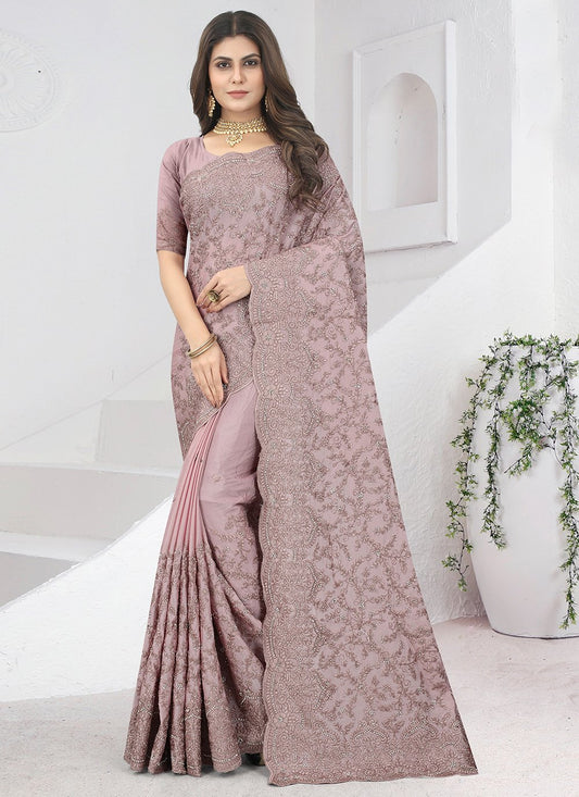 Classic Chinon Lavender Embroidered Saree