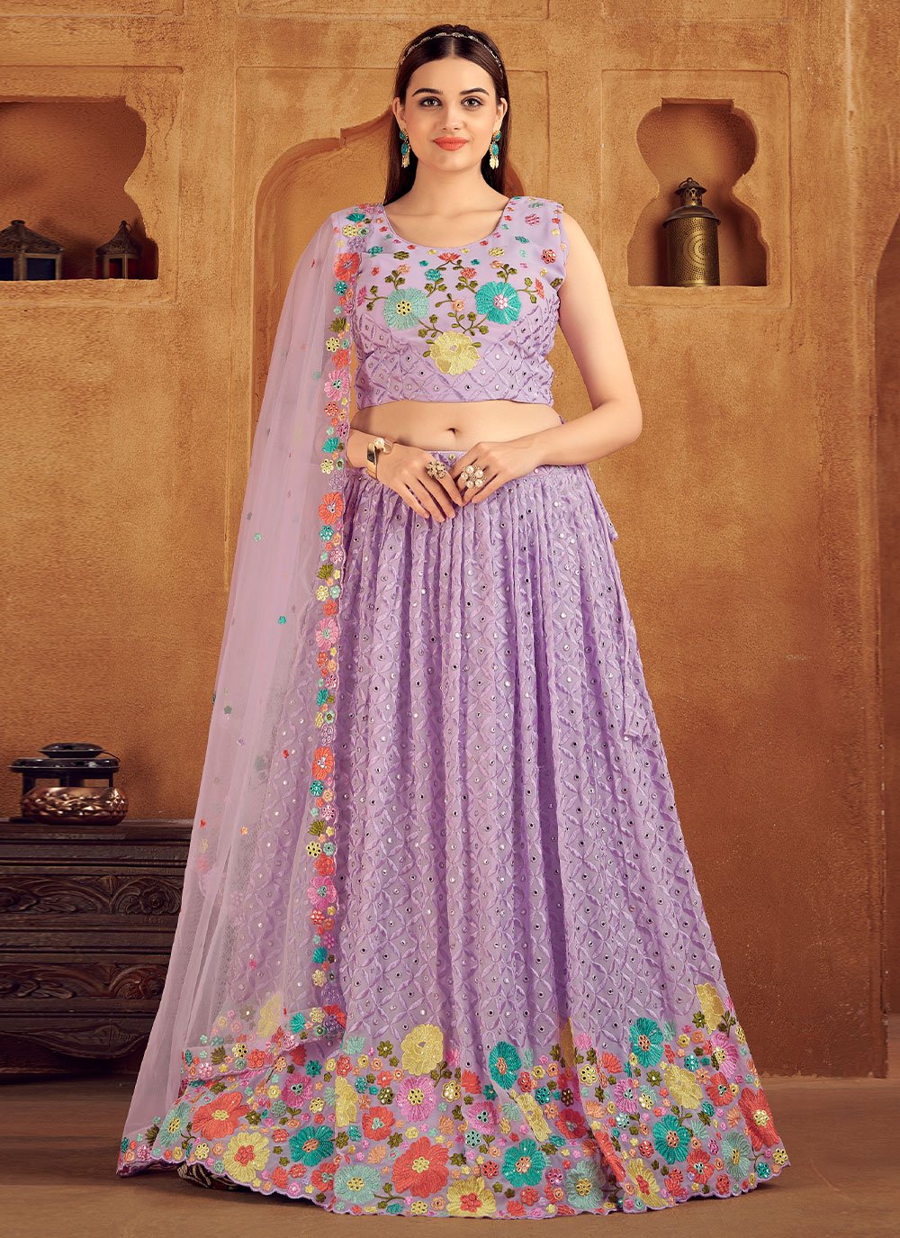 Lehenga Choli Georgette Lavender Embroidered Lehenga Choli