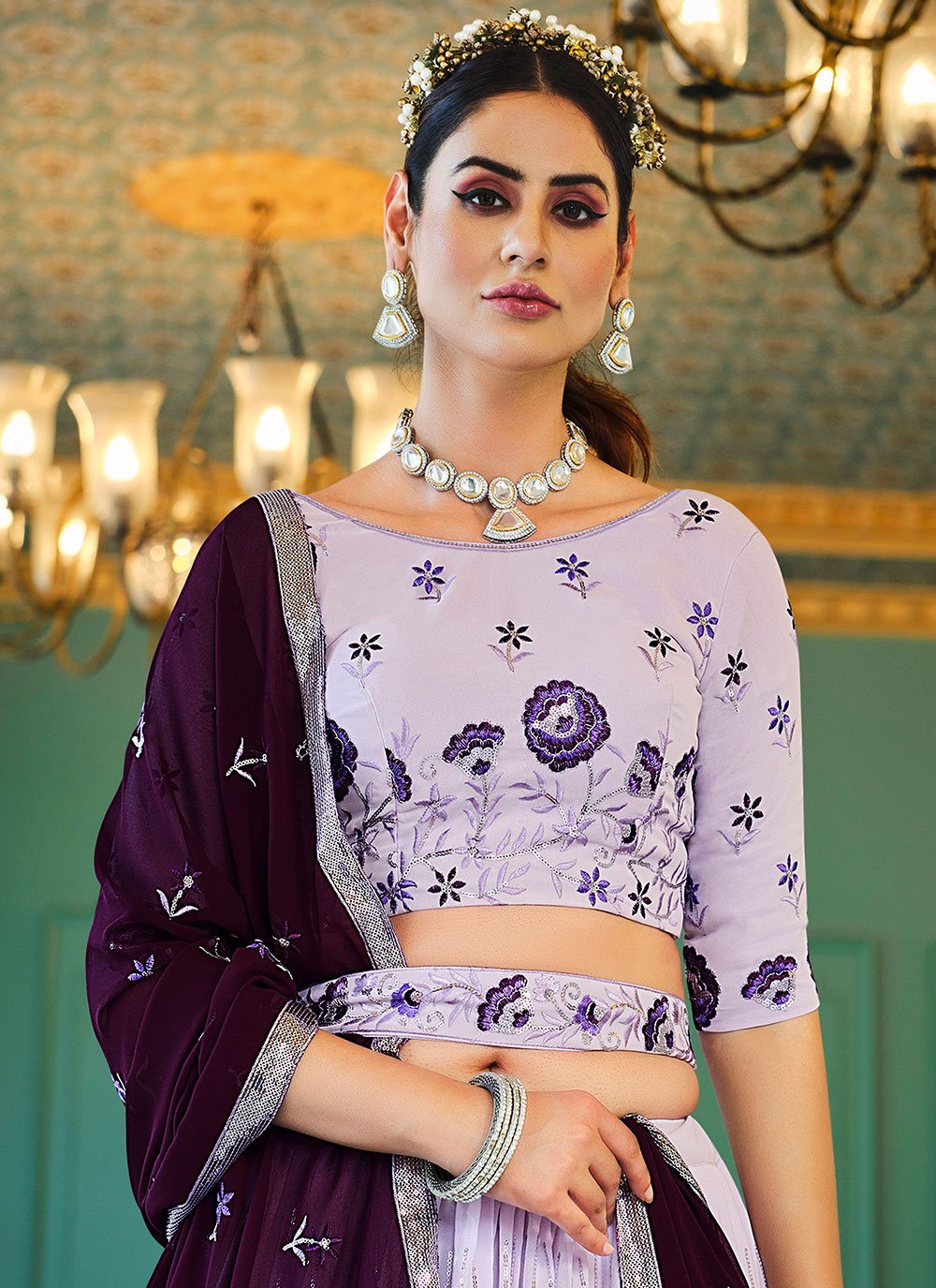 A Line Lehenga Georgette Lavender Embroidered Lehenga Choli