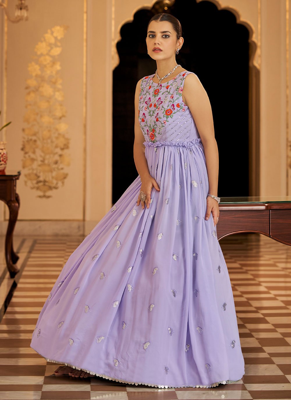 Gown Georgette Lavender Embroidered Gown