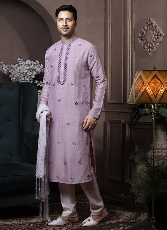 Kurta Pyjama Silk Lavender Embroidered Mens