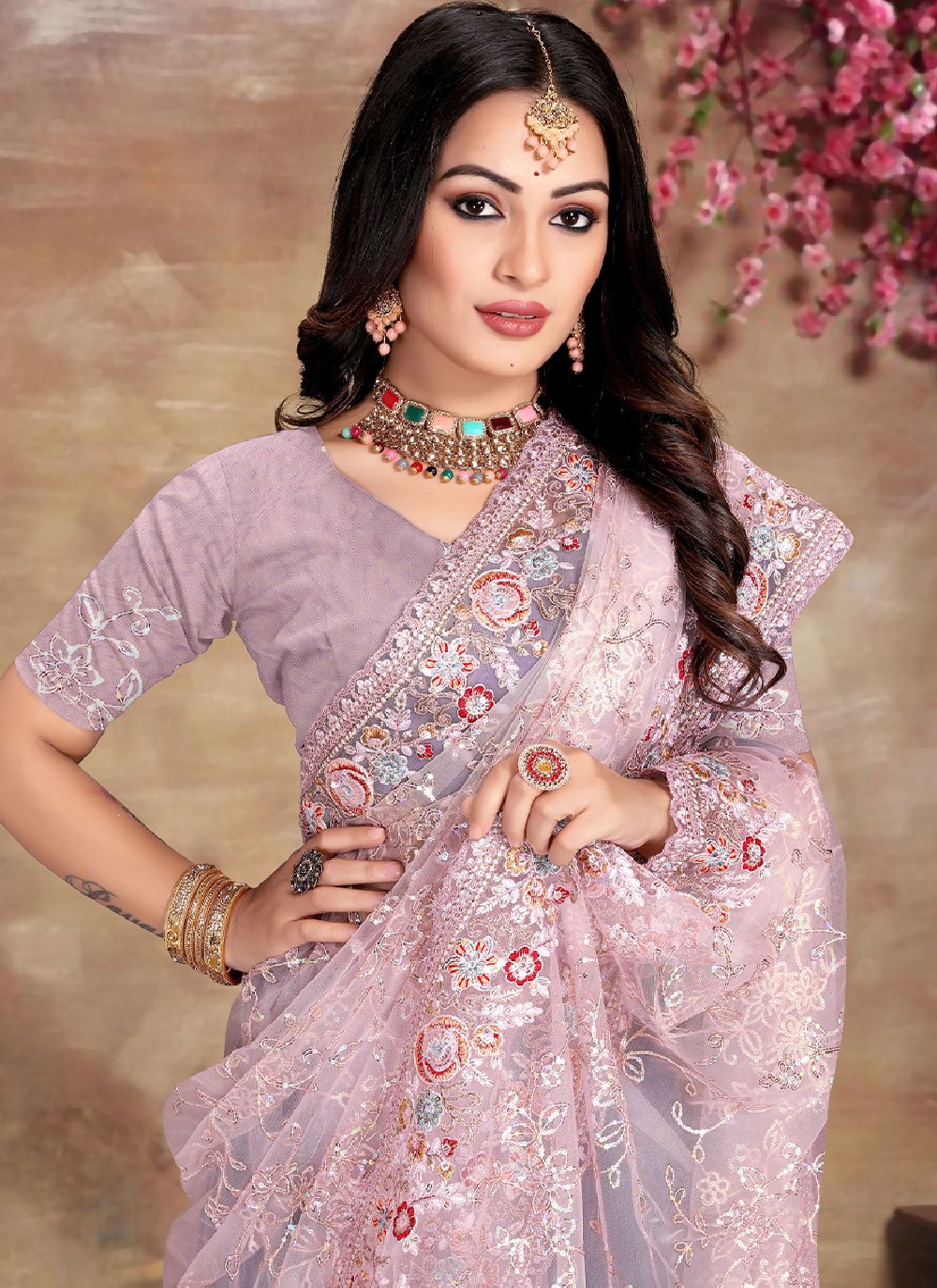 Trendy Saree Net Lavender Cord Work Saree