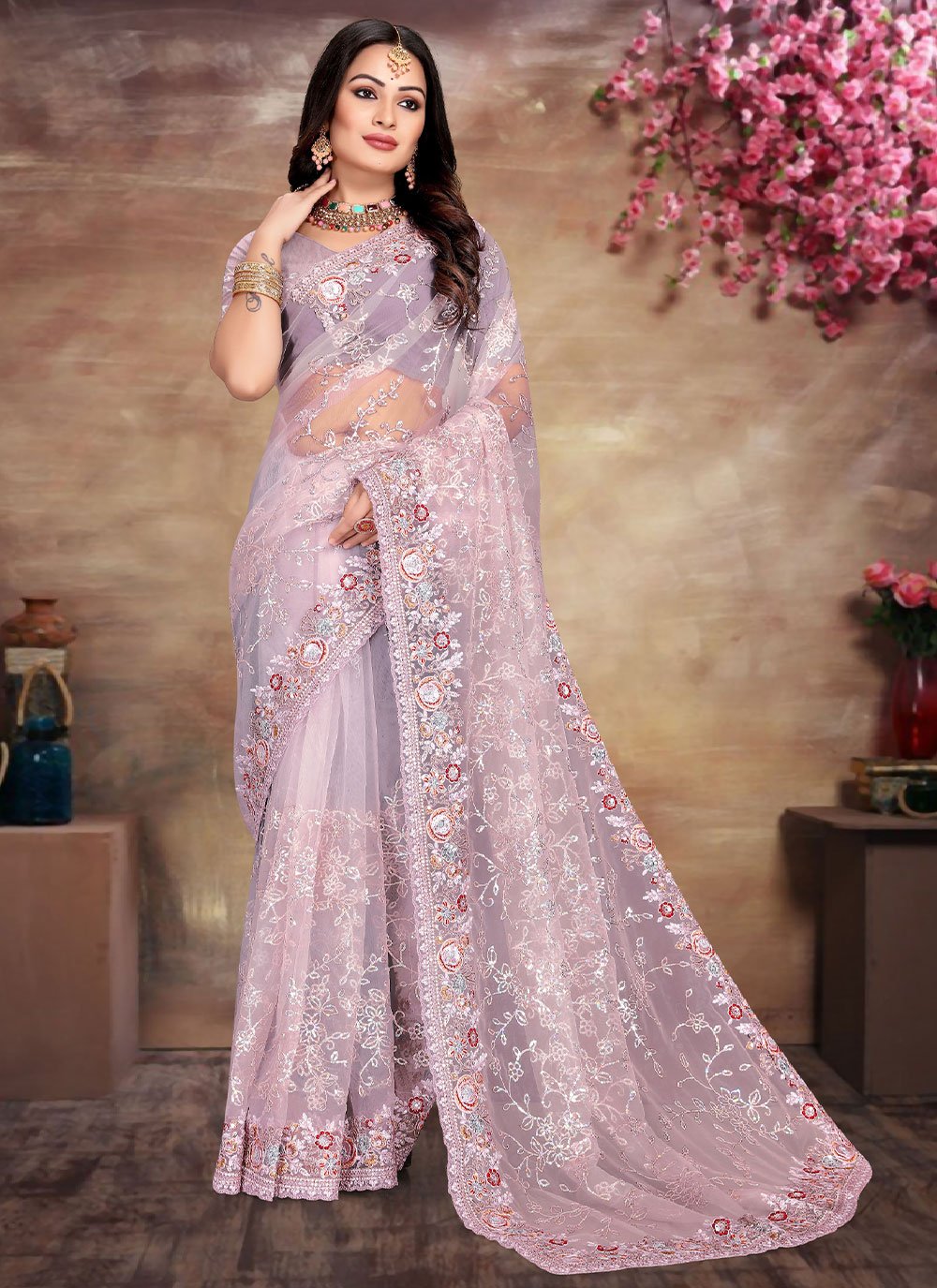 Trendy Saree Net Lavender Cord Work Saree