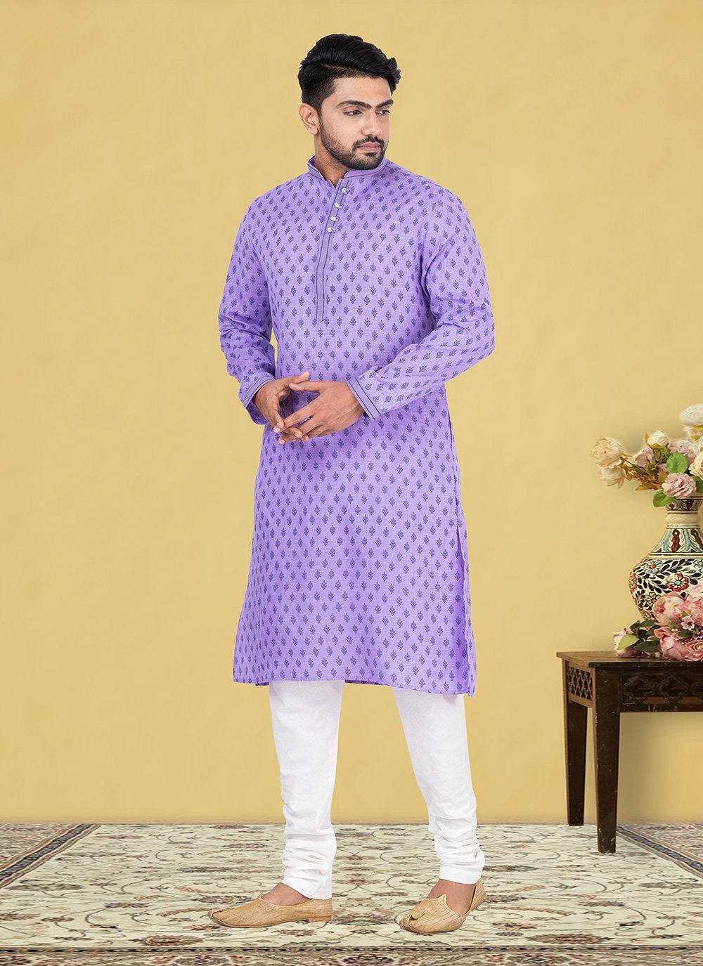 Kurta Pyjama Cotton Linen Lavender Fancy Work Mens