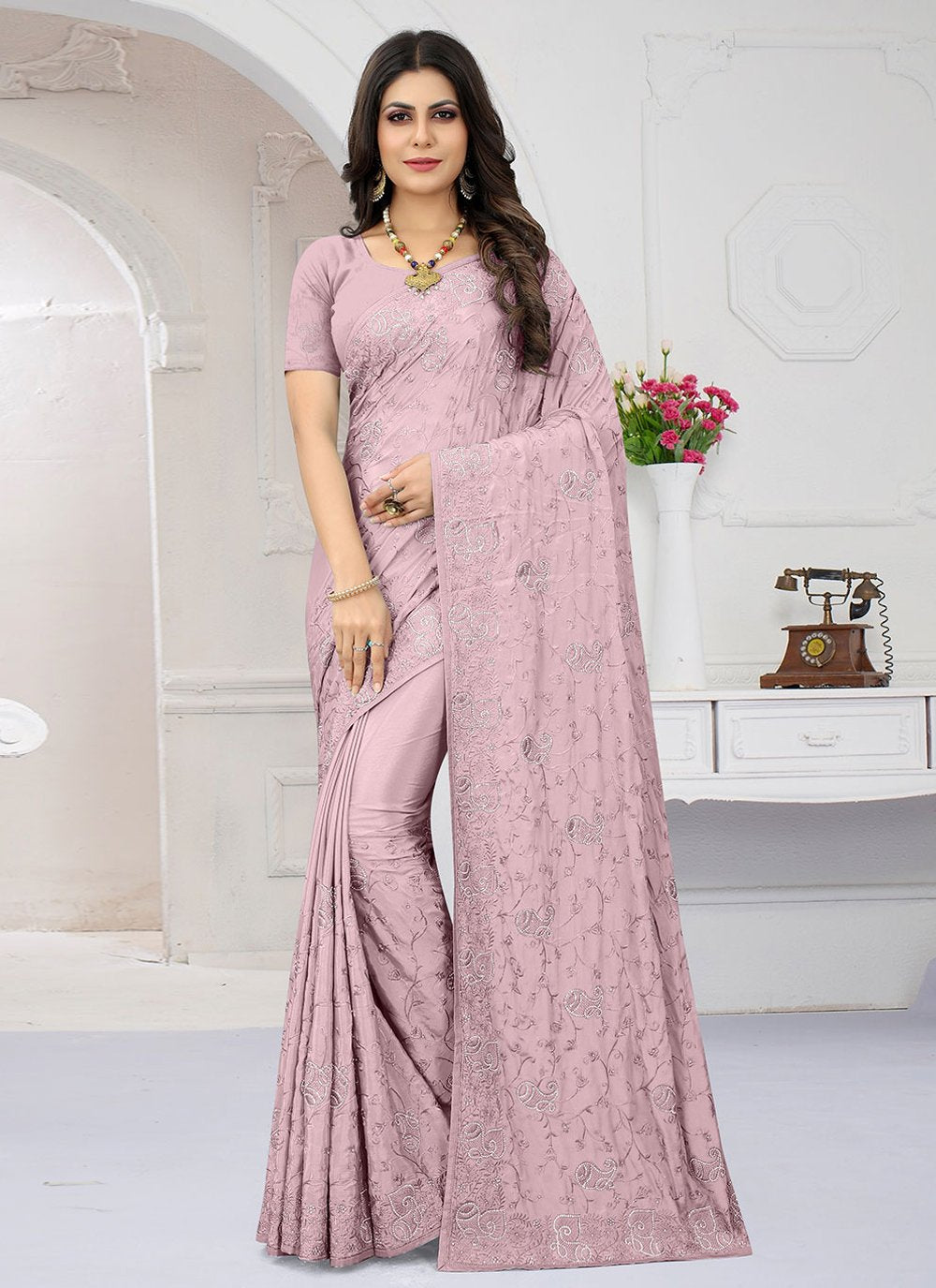 Designer Crepe Silk Lavender Embroidered Saree