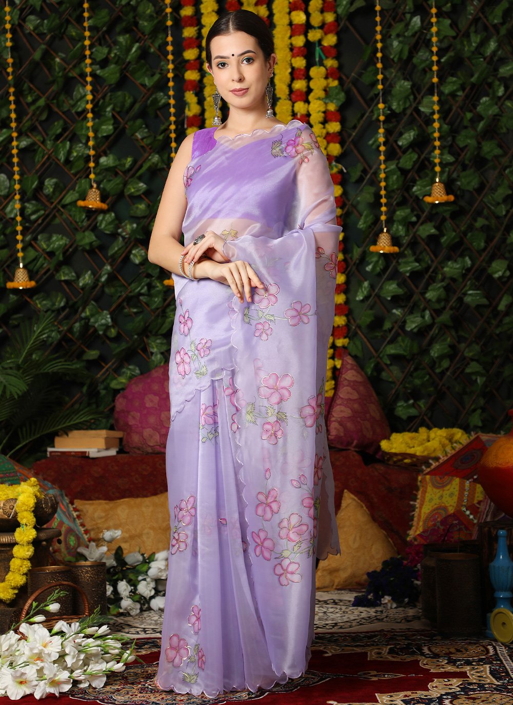 Contemporary Organza Silk Lavender Digital Print Saree