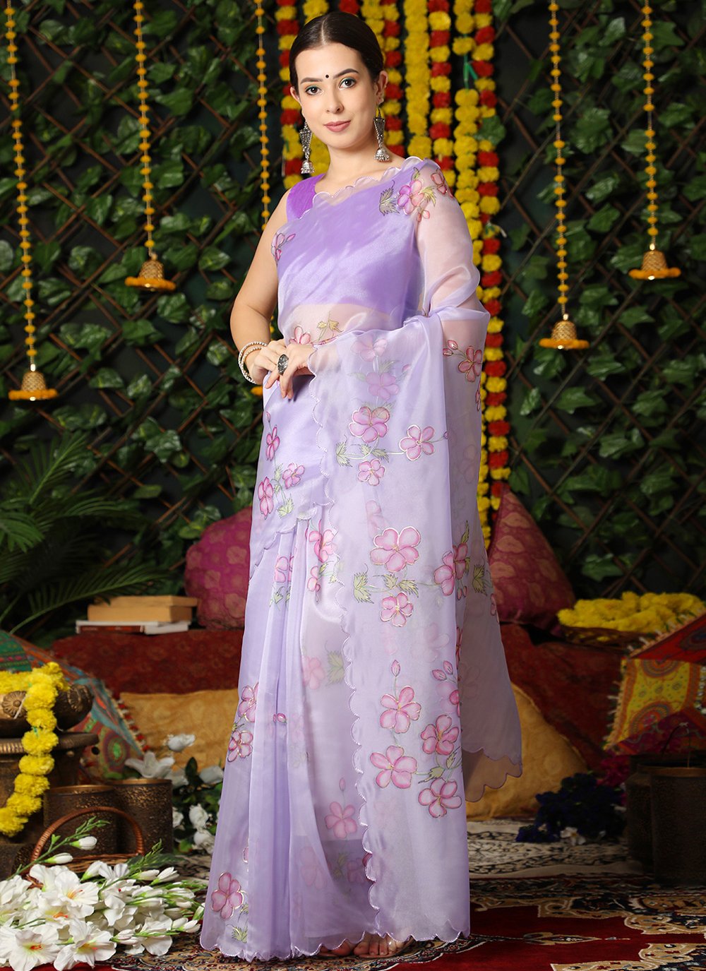 Contemporary Organza Silk Lavender Digital Print Saree