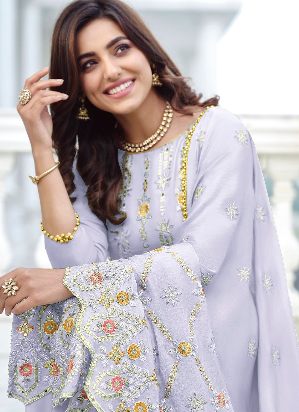 Straight Salwar Suit Faux Georgette Lavender Embroidered Salwar Kameez