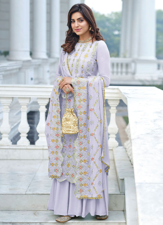 Straight Salwar Suit Faux Georgette Lavender Embroidered Salwar Kameez