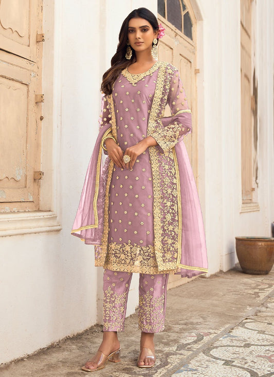 Floor Lenght Salwar Suit Net Lavender Embroidered Salwar Kameez