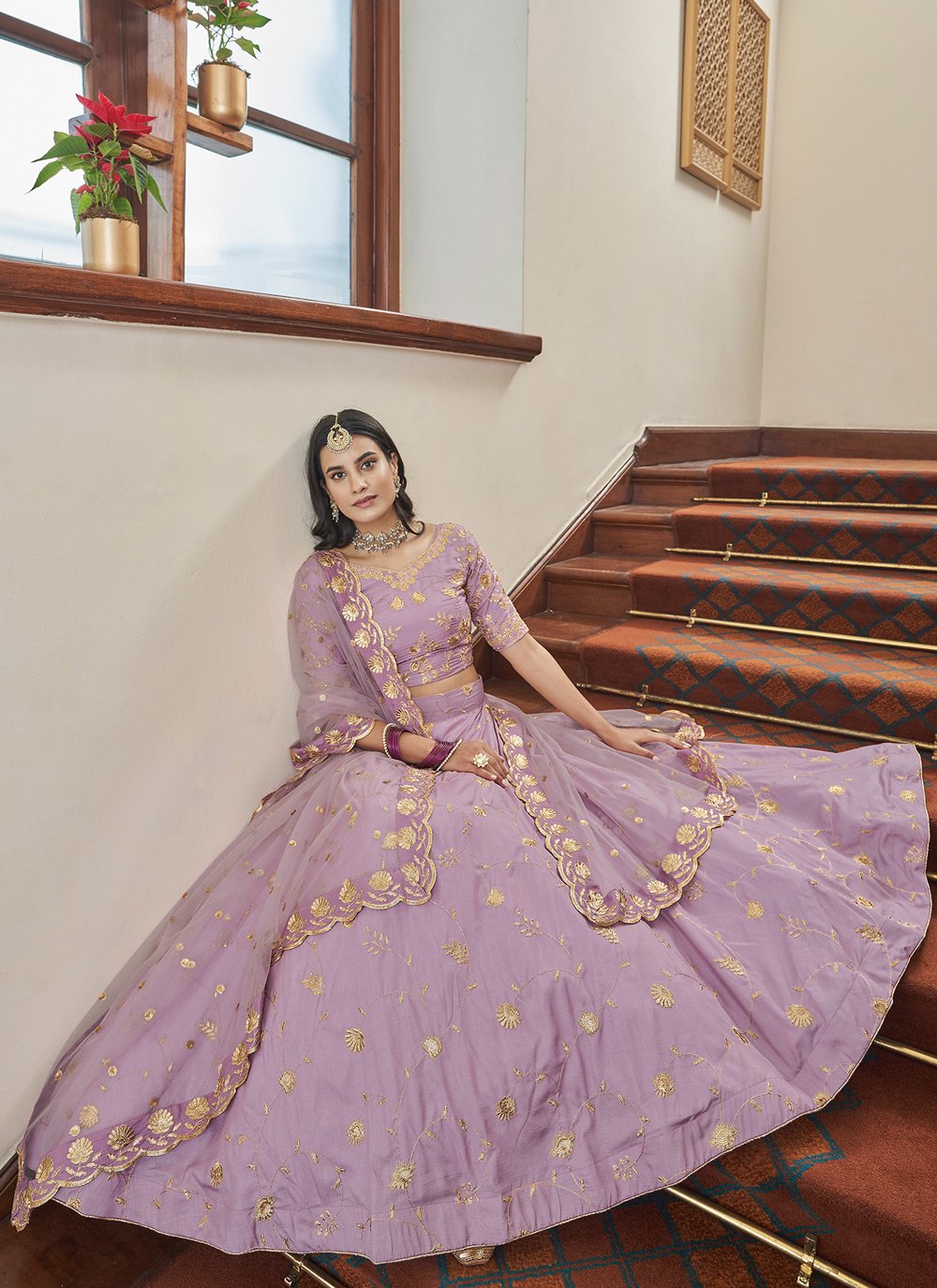 A Line Lehenga Art Silk Lavender Embroidered Lehenga Choli