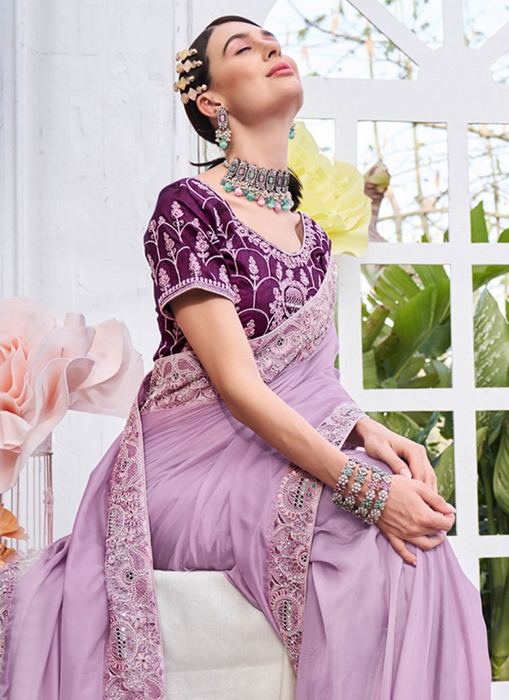 Trendy Saree Organza Satin Lavender Embroidered Saree