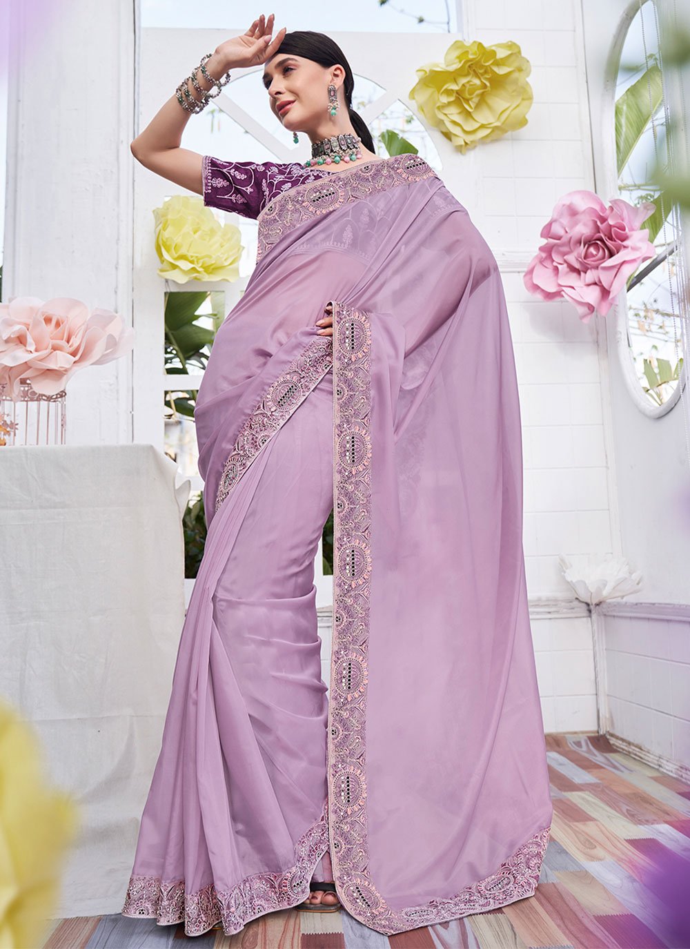 Trendy Saree Organza Satin Lavender Embroidered Saree