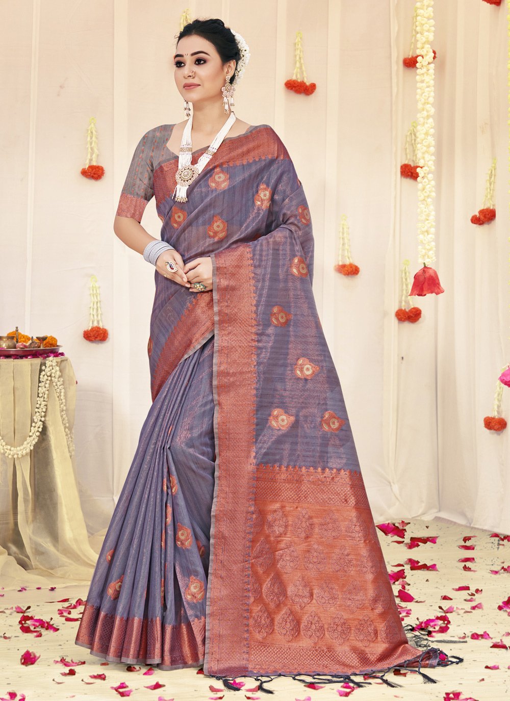 Designer Organza Lavender Fancy Work Saree