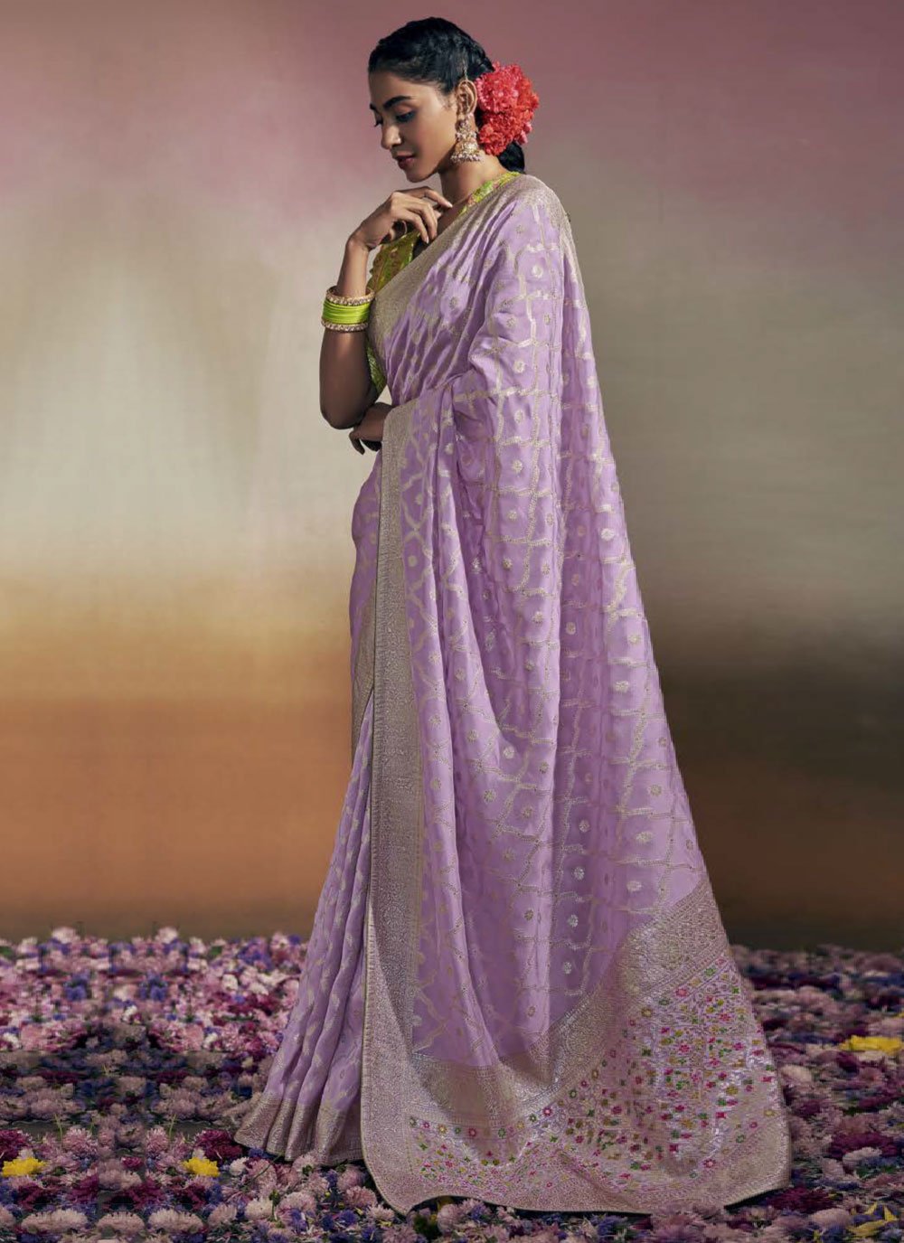 Classic Faux Georgette Lavender Embroidered Saree