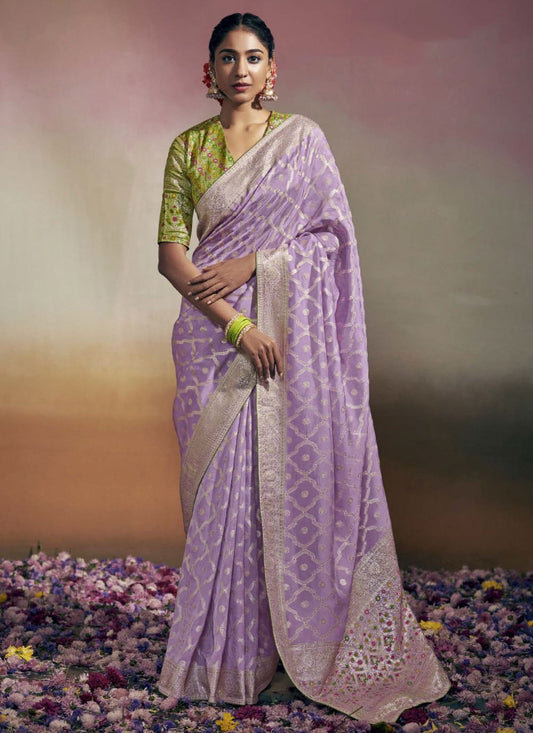 Classic Faux Georgette Lavender Embroidered Saree