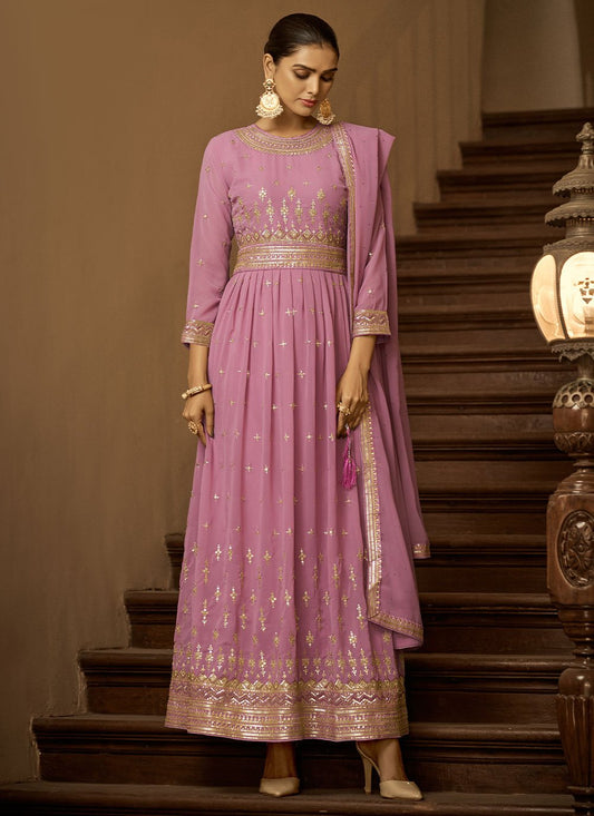 Trendy Suit Faux Georgette Lavender Embroidered Salwar Kameez