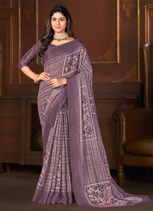 Designer Linen Lavender Floral Patch Saree